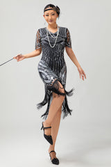 Schwarz Silber Pailletten V-Ausschnitt Bodycon Kleid aus den 1920er Jahren mit Quasten