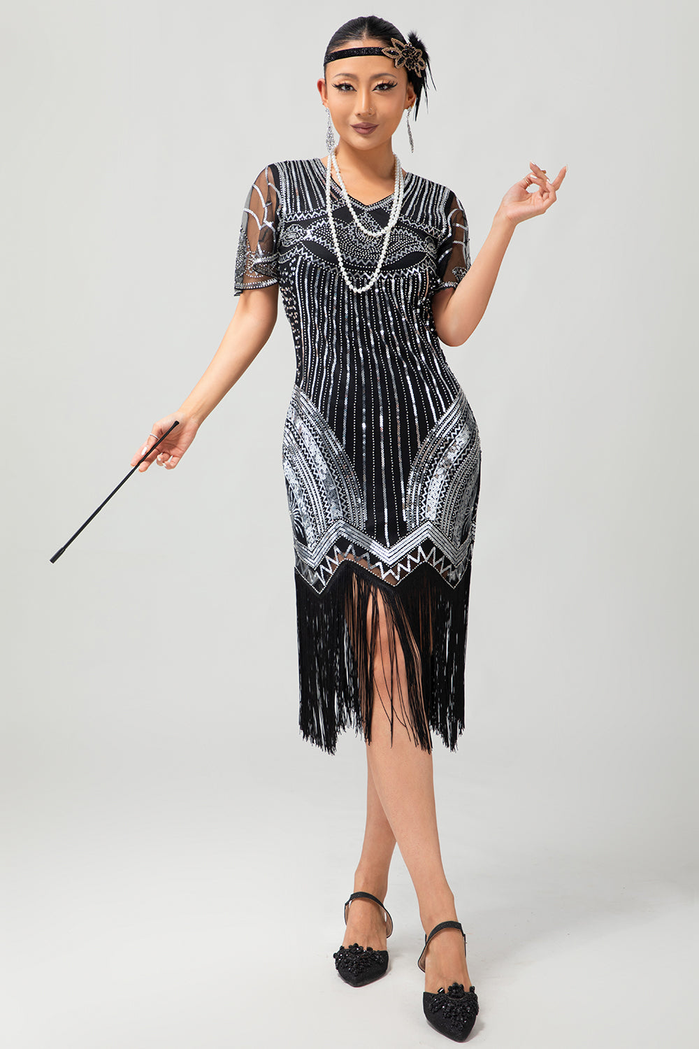 Schwarz Silber Pailletten V-Ausschnitt Bodycon Kleid aus den 1920er Jahren mit Quasten