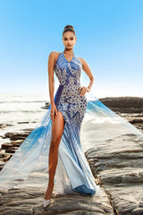 Blaues Meerjungfrauen Pailletten Neckholder Abendkleid mit Schlitz