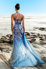 Blaues Meerjungfrauen Pailletten Neckholder Abendkleid mit Schlitz