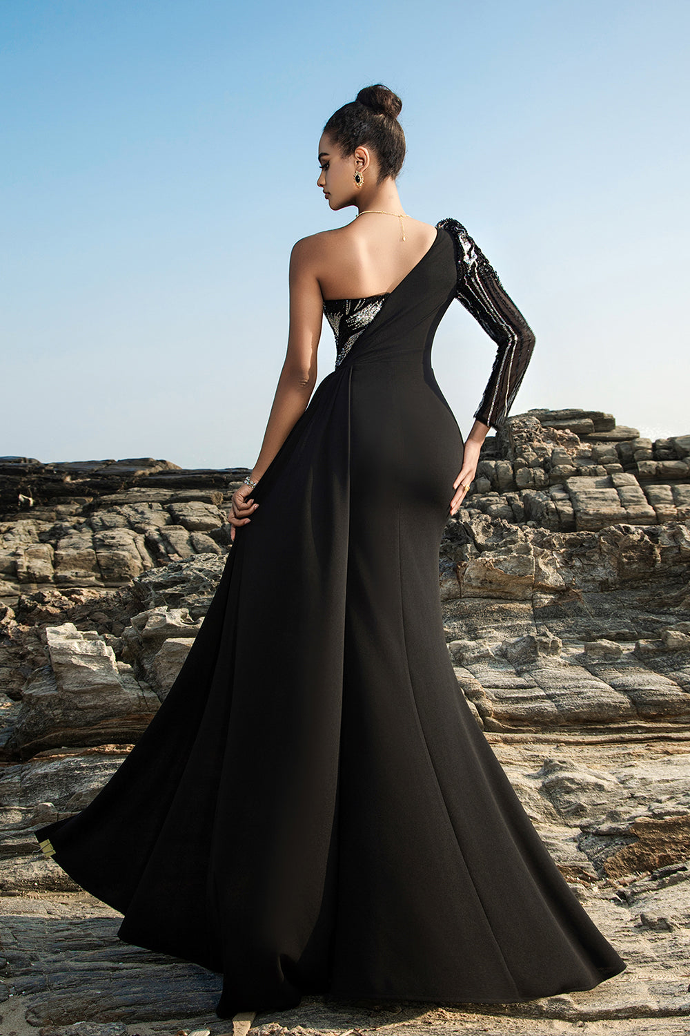Eine Schulter Schwarzes Meerjungfrau Pailletten Abendkleid mit Schlitz