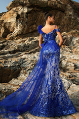 Glitzerndes Königsblaues Meerjungfrauen Abendkleid mit Luftschlange