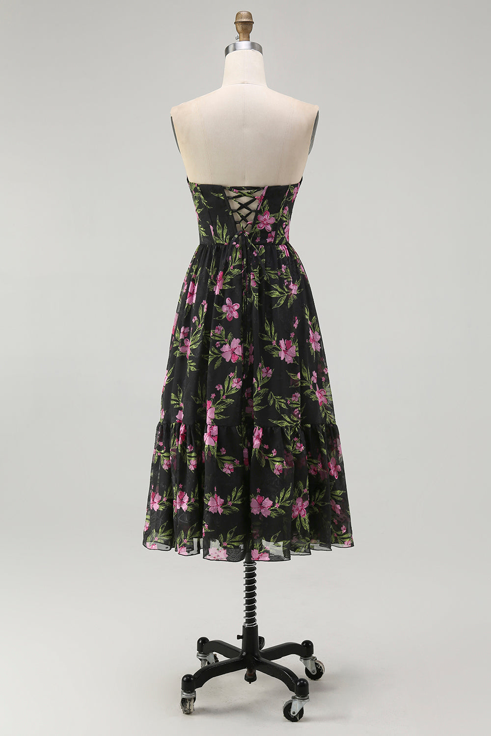 Trägerloses Schwarzes Rosa Geblümtes Midi Brautjungfernkleid in A-Linie