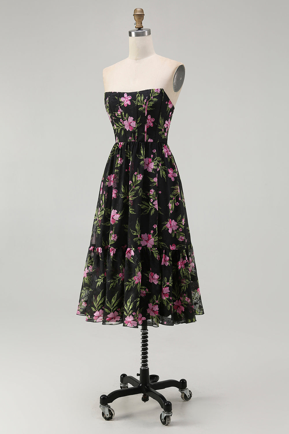 Trägerloses Schwarzes Rosa Geblümtes Midi Brautjungfernkleid in A-Linie