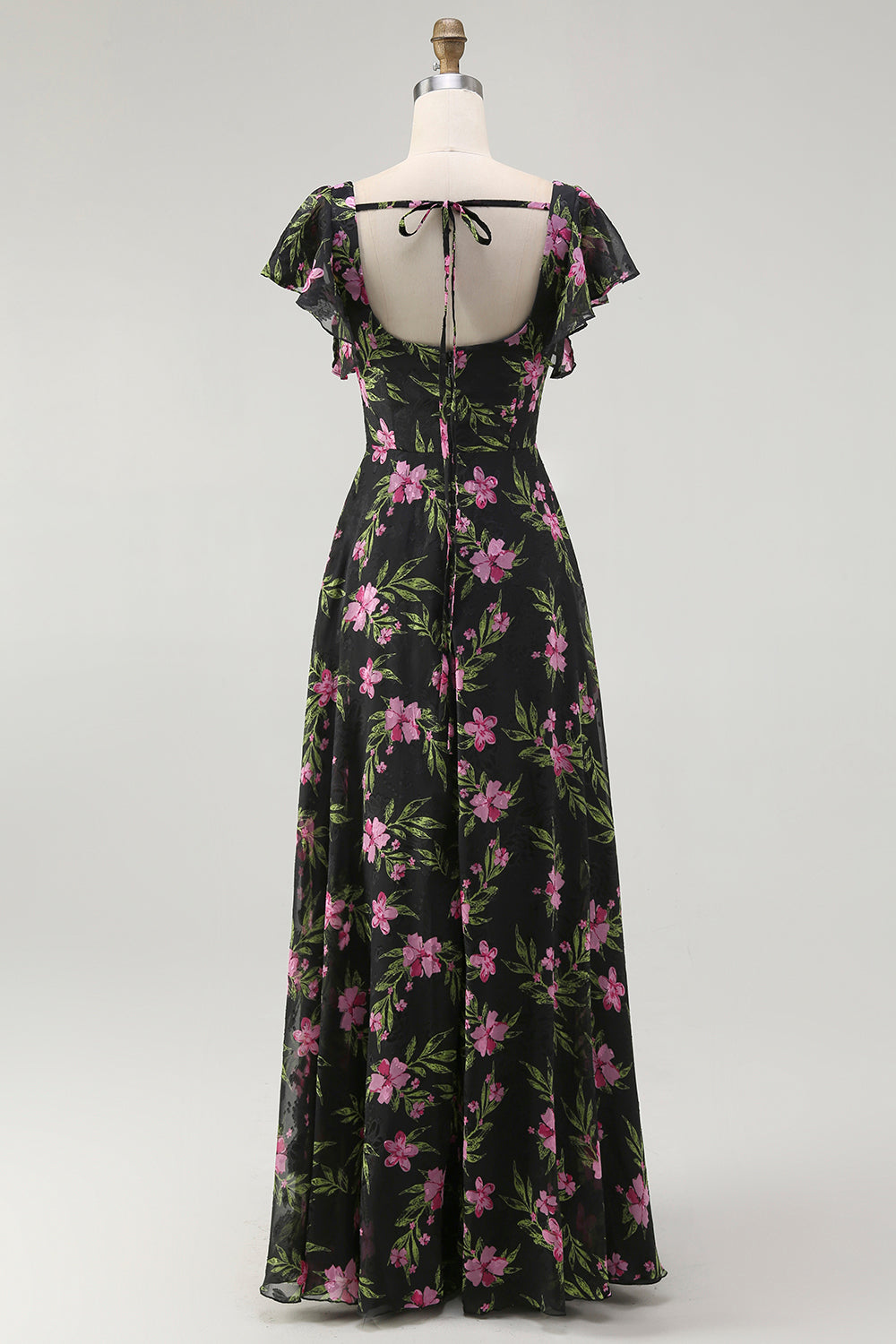 Schwarzes Rosa Geblümtes A-Linie Brautjungfernkleid mit quadratischem Ausschnitt und kurzen Ärmeln