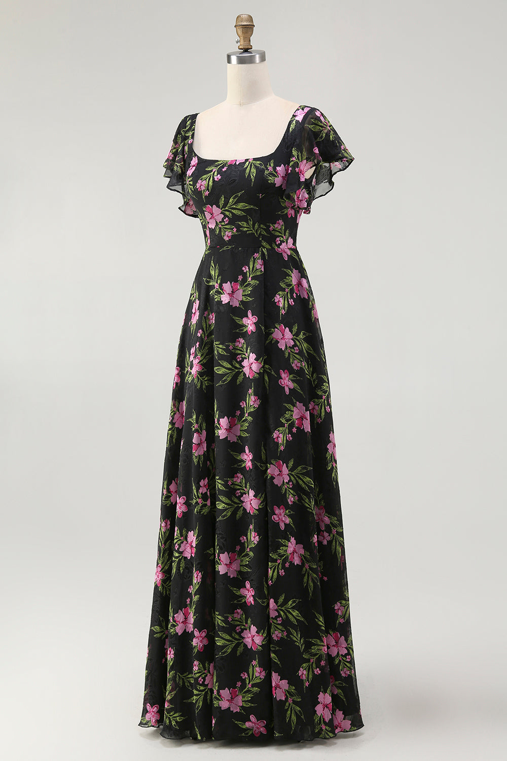 Schwarzes Rosa Geblümtes A-Linie Brautjungfernkleid mit quadratischem Ausschnitt und kurzen Ärmeln