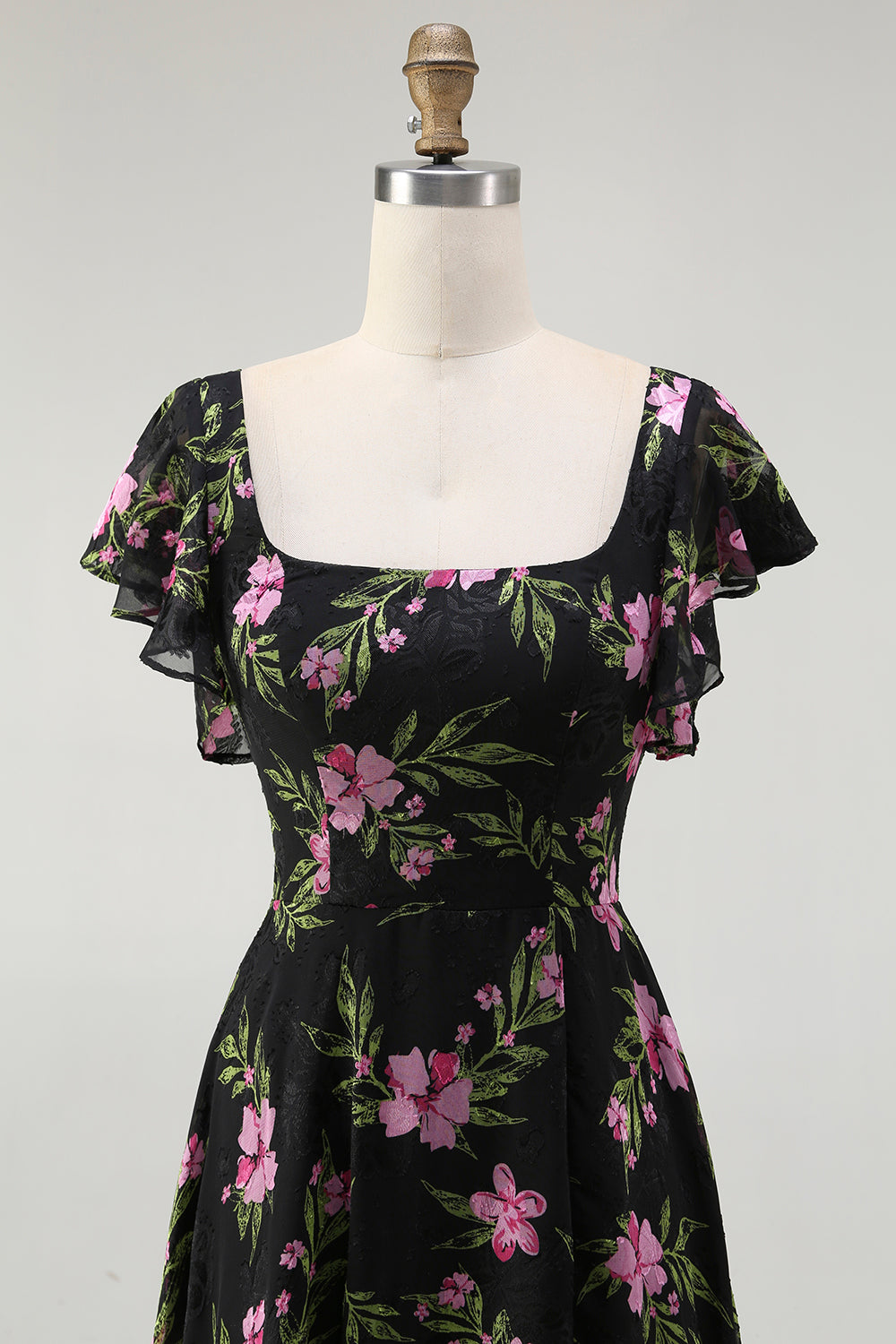 Schwarzes Rosa Geblümtes A-Linie Brautjungfernkleid mit quadratischem Ausschnitt und kurzen Ärmeln