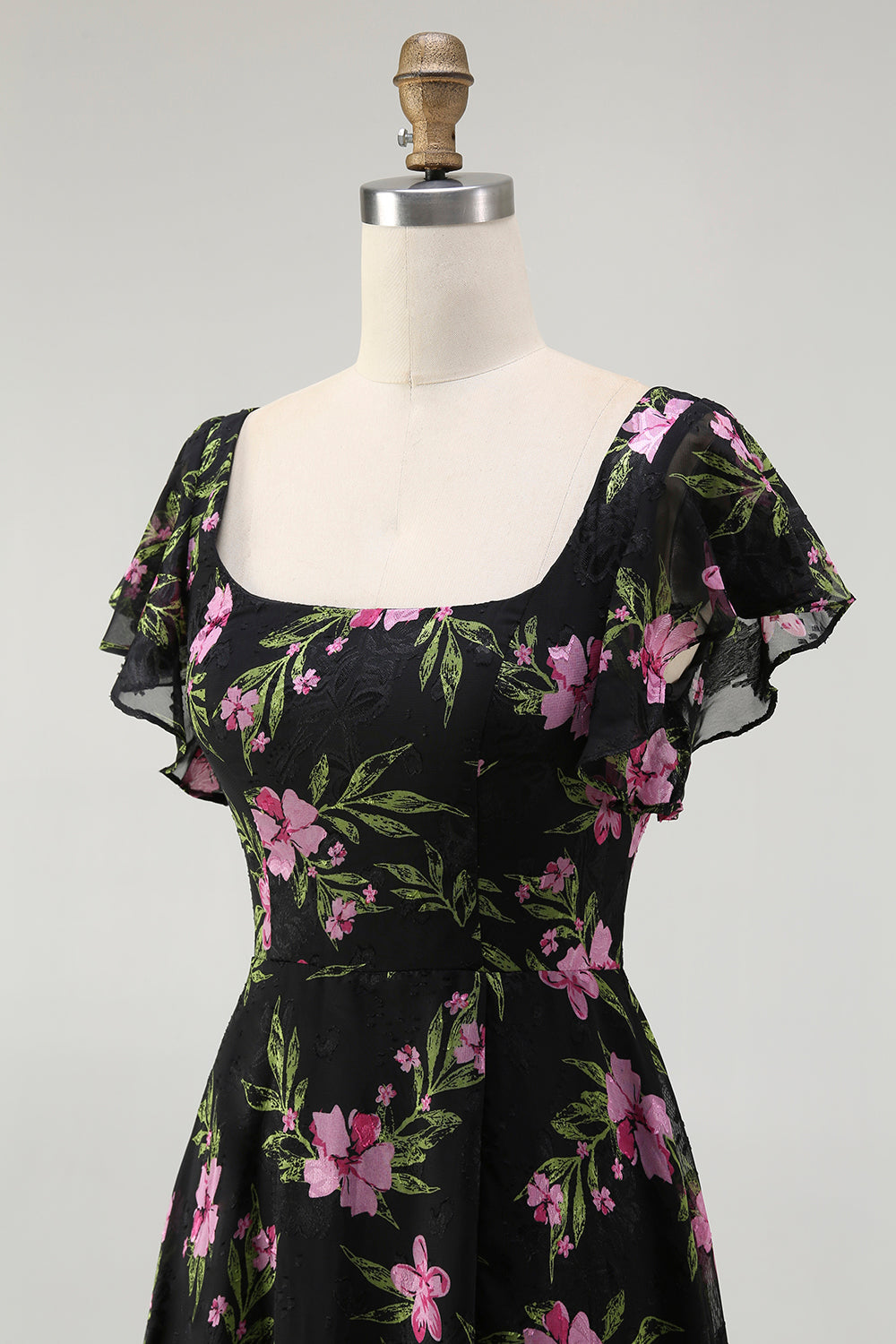 Schwarzes Rosa Geblümtes A-Linie Brautjungfernkleid mit quadratischem Ausschnitt und kurzen Ärmeln