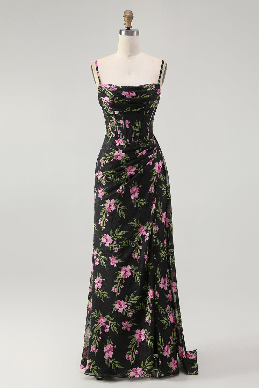 Schwarzes Rosa Geblümtes Spaghettiträger Korsett A-Linie Langes Brautjungfernkleid