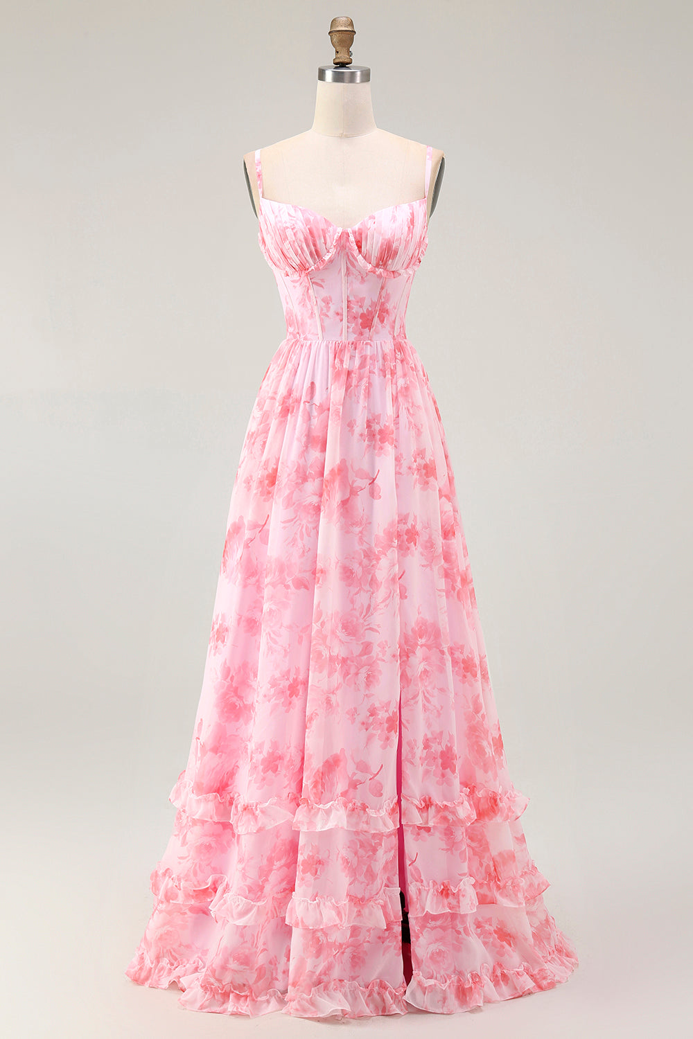 Rosa Geblümtes Korsett A-Linie Spaghettiträger Maxi Hochzeitsgastkleid mit Schlitz