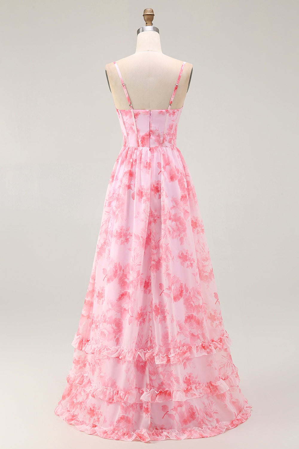 Rosa Geblümtes Korsett A-Linie Spaghettiträger Maxi Hochzeitsgastkleid mit Schlitz