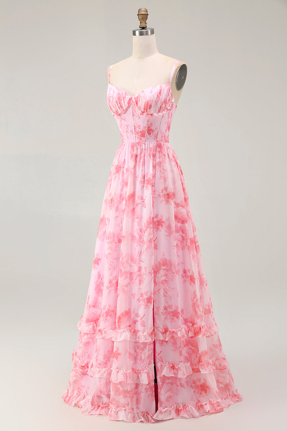Rosa Geblümtes Korsett A-Linie Spaghettiträger Maxi Hochzeitsgastkleid mit Schlitz