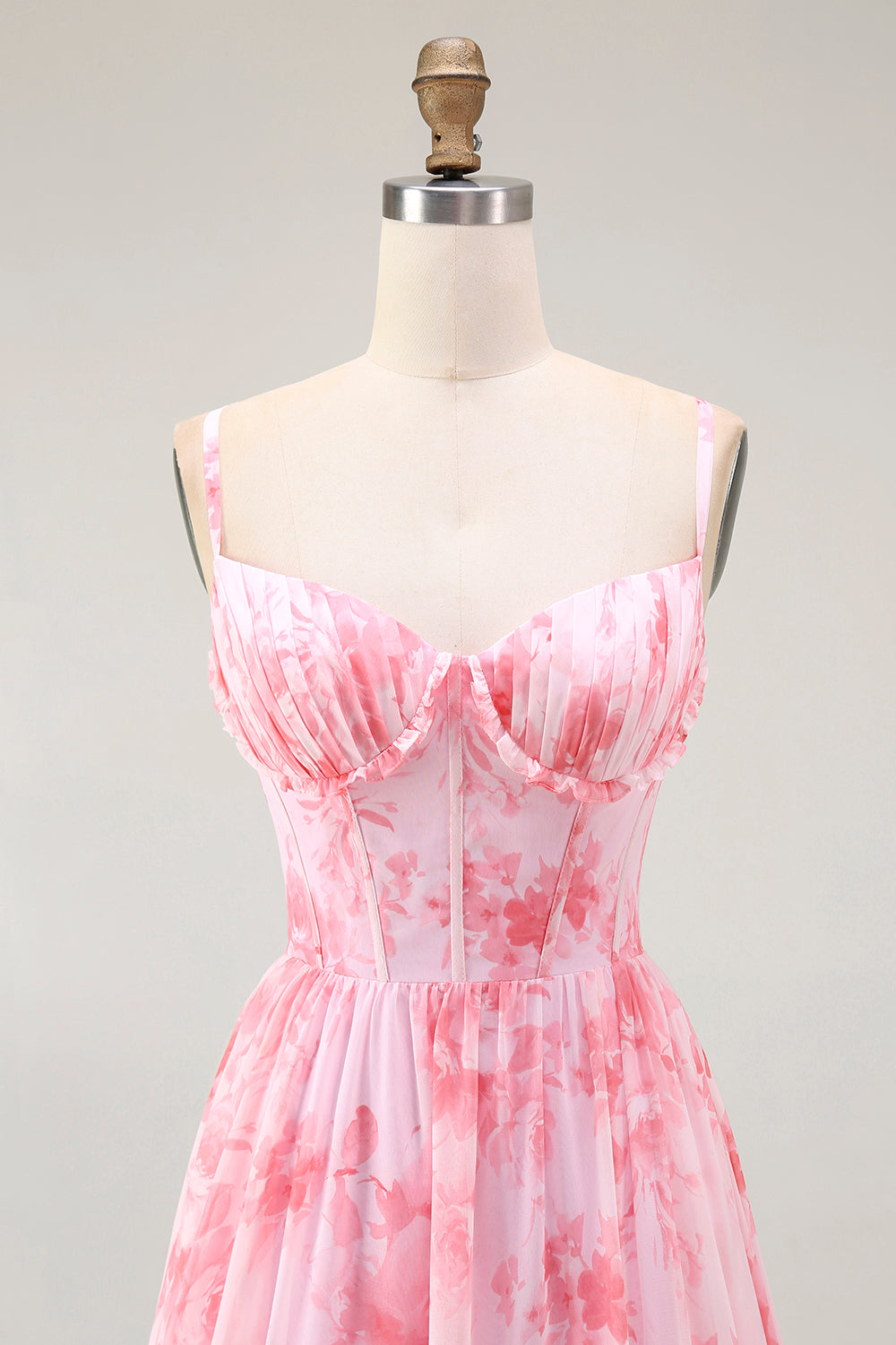 Rosa Geblümtes Korsett A-Linie Spaghettiträger Maxi Hochzeitsgastkleid mit Schlitz