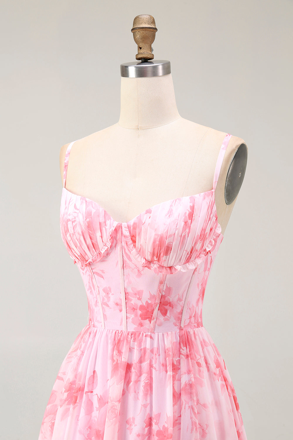 Rosa Geblümtes Korsett A-Linie Spaghettiträger Maxi Hochzeitsgastkleid mit Schlitz
