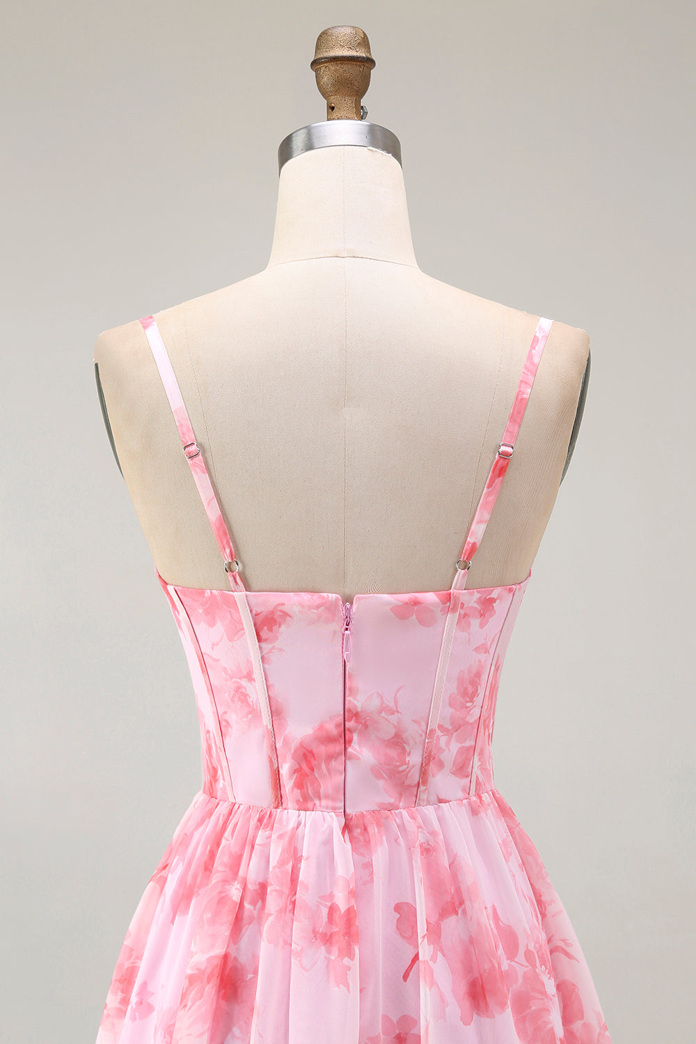 Rosa Geblümtes Korsett A-Linie Spaghettiträger Maxi Hochzeitsgastkleid mit Schlitz