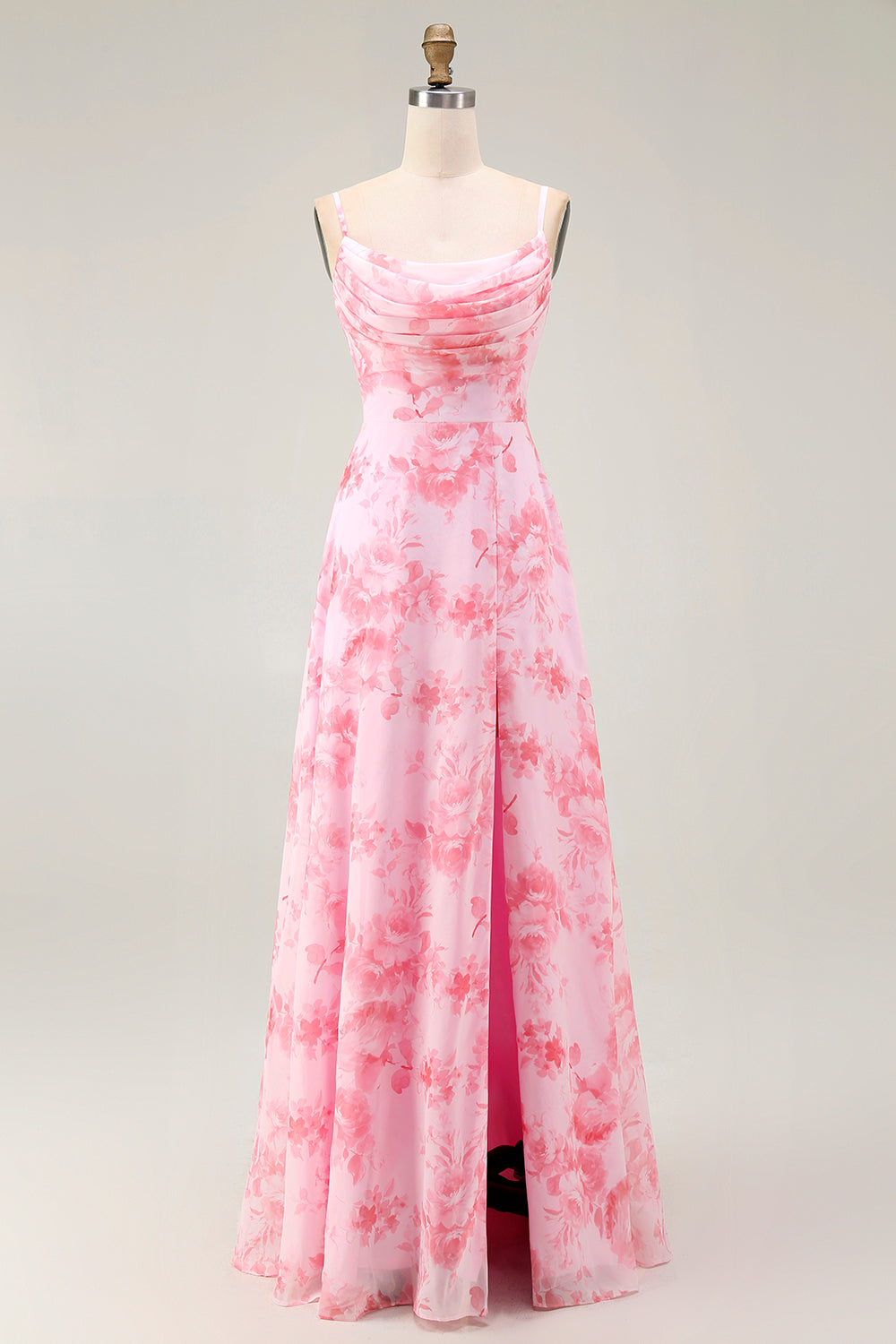 Rosa Blumen A-Linie Maxi Hochzeitsgastkleid mit Wasserfallausschnitt und Schlitz