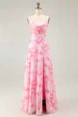 Rosa Blumen A-Linie Maxi Hochzeitsgastkleid mit Wasserfallausschnitt und Schlitz