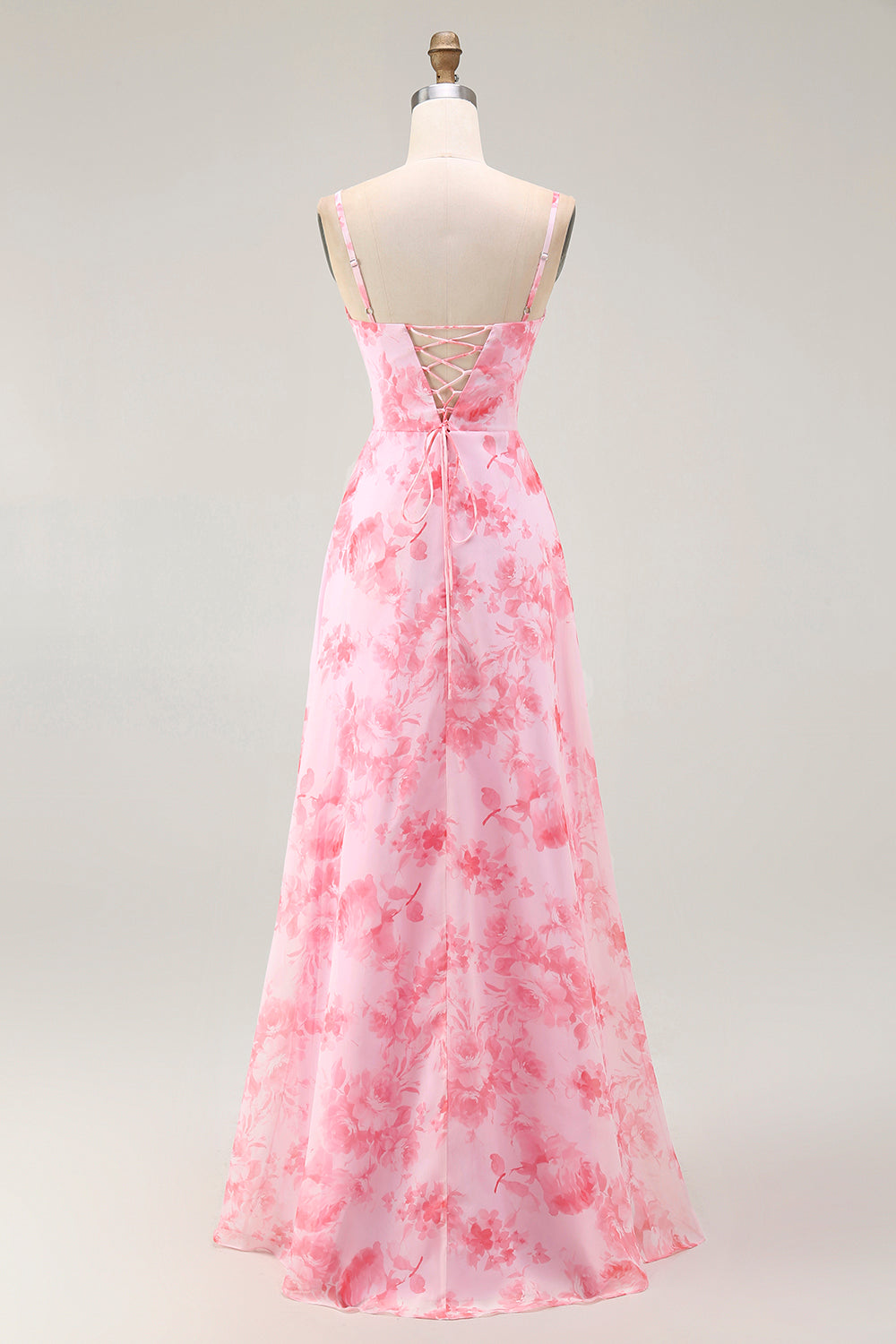 Rosa Blumen A-Linie Maxi Hochzeitsgastkleid mit Wasserfallausschnitt und Schlitz