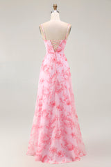 Rosa Blumen A-Linie Maxi Hochzeitsgastkleid mit Wasserfallausschnitt und Schlitz