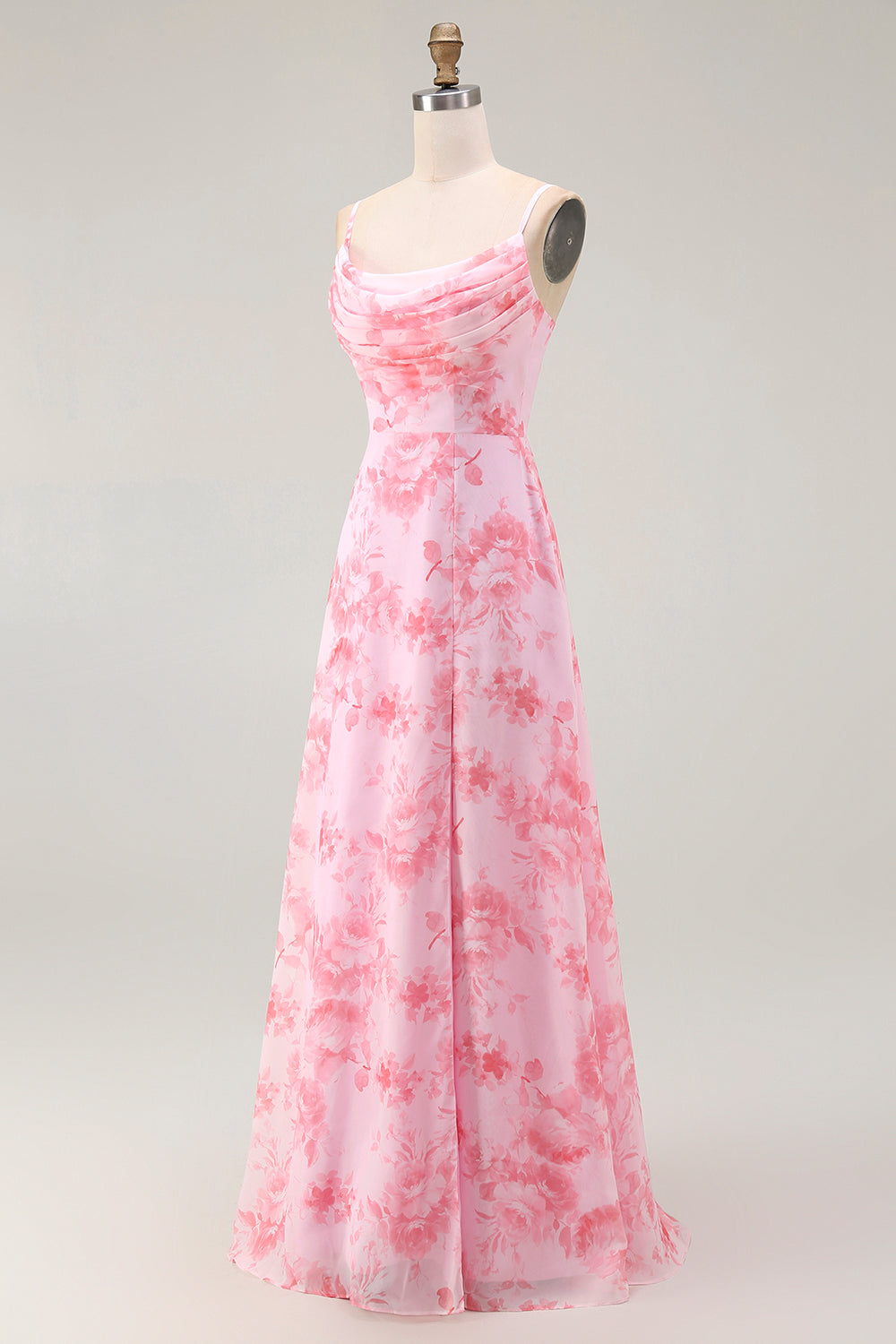 Rosa Blumen A-Linie Maxi Hochzeitsgastkleid mit Wasserfallausschnitt und Schlitz
