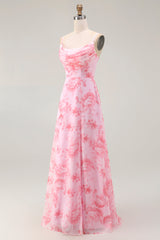 Rosa Blumen A-Linie Maxi Hochzeitsgastkleid mit Wasserfallausschnitt und Schlitz