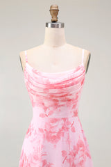 Rosa Blumen A-Linie Maxi Hochzeitsgastkleid mit Wasserfallausschnitt und Schlitz