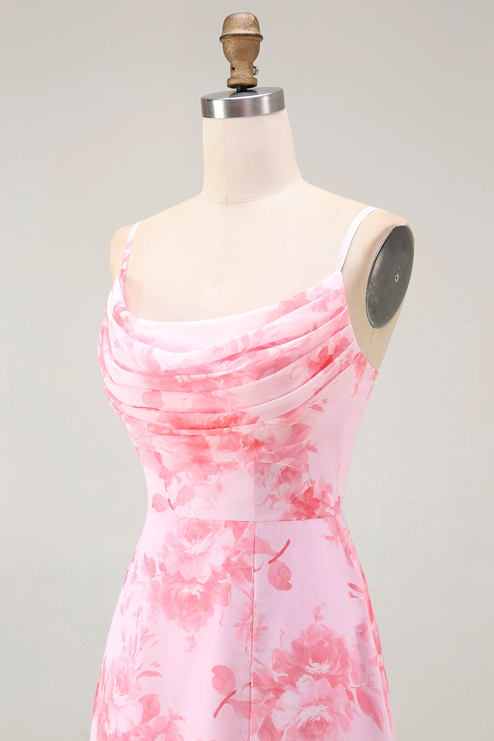 Rosa Blumen A-Linie Maxi Hochzeitsgastkleid mit Wasserfallausschnitt und Schlitz