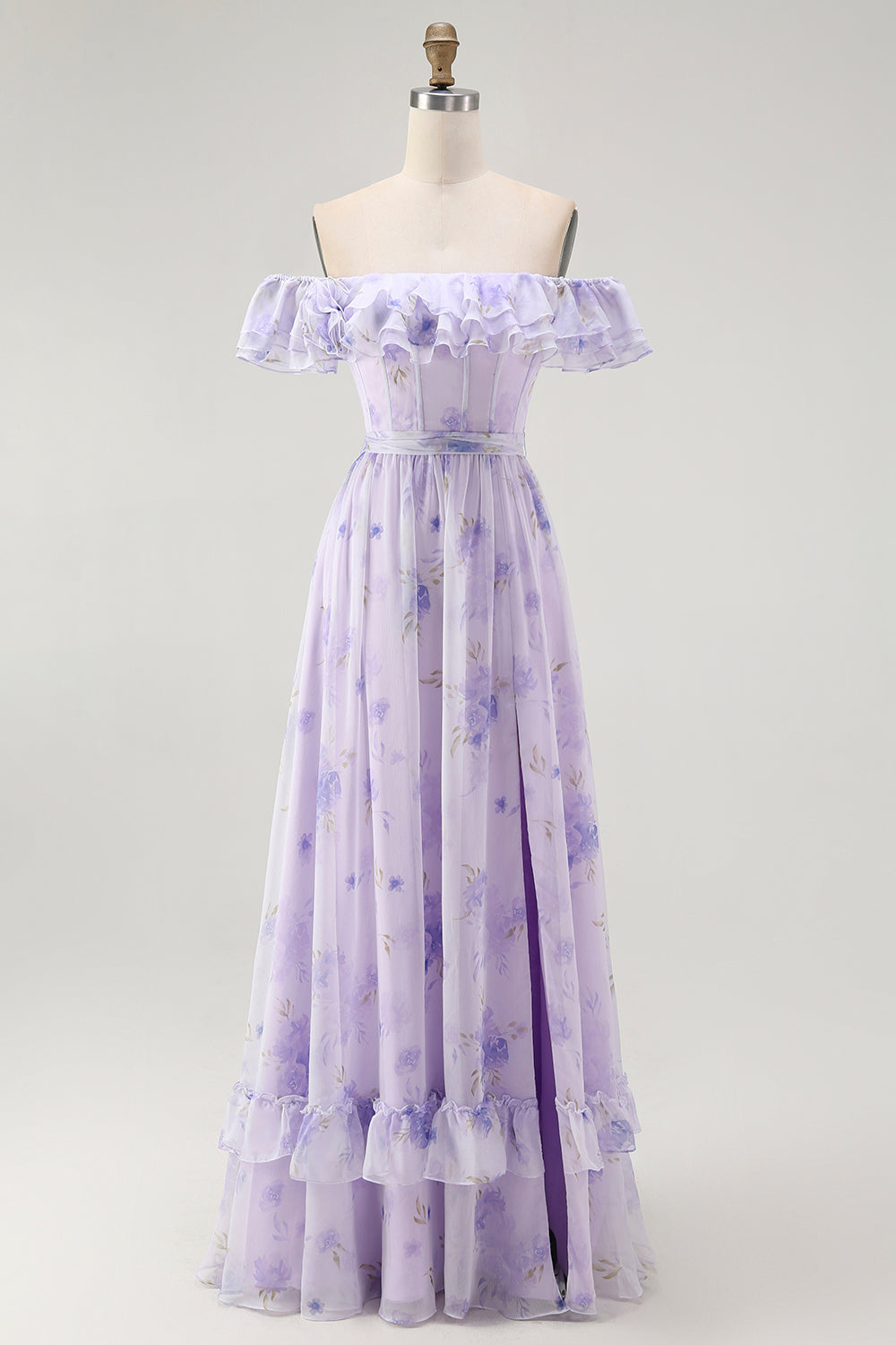 Lavendel Blumen Schulterfreies A-Linie Brautjungfernkleid mit Rüschen