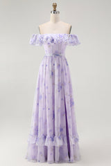 Lavendel Blumen Schulterfreies A-Linie Brautjungfernkleid mit Rüschen