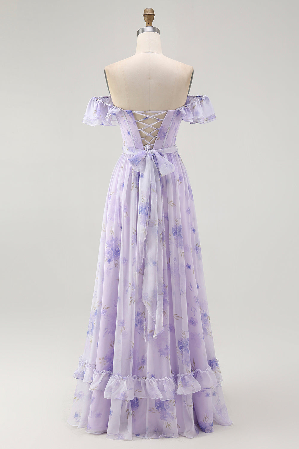 Lavendel Blumen Schulterfreies A-Linie Brautjungfernkleid mit Rüschen