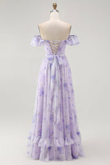 Lavendel Blumen Schulterfreies A-Linie Brautjungfernkleid mit Rüschen
