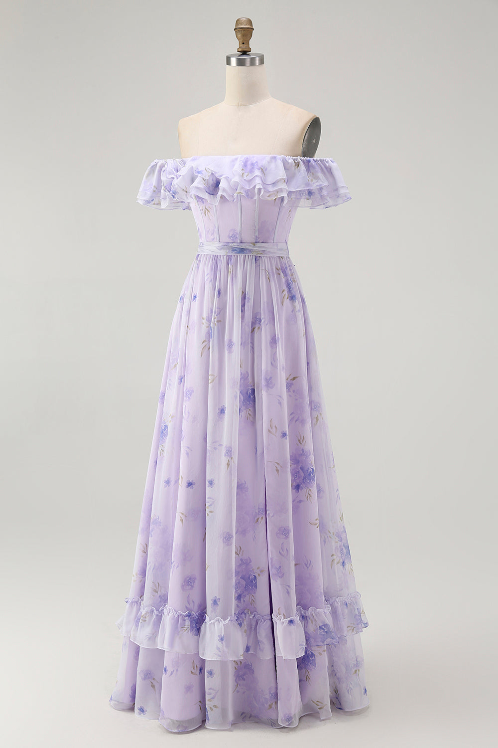 Lavendel Blumen Schulterfreies A-Linie Brautjungfernkleid mit Rüschen