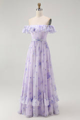 Lavendel Blumen Schulterfreies A-Linie Brautjungfernkleid mit Rüschen