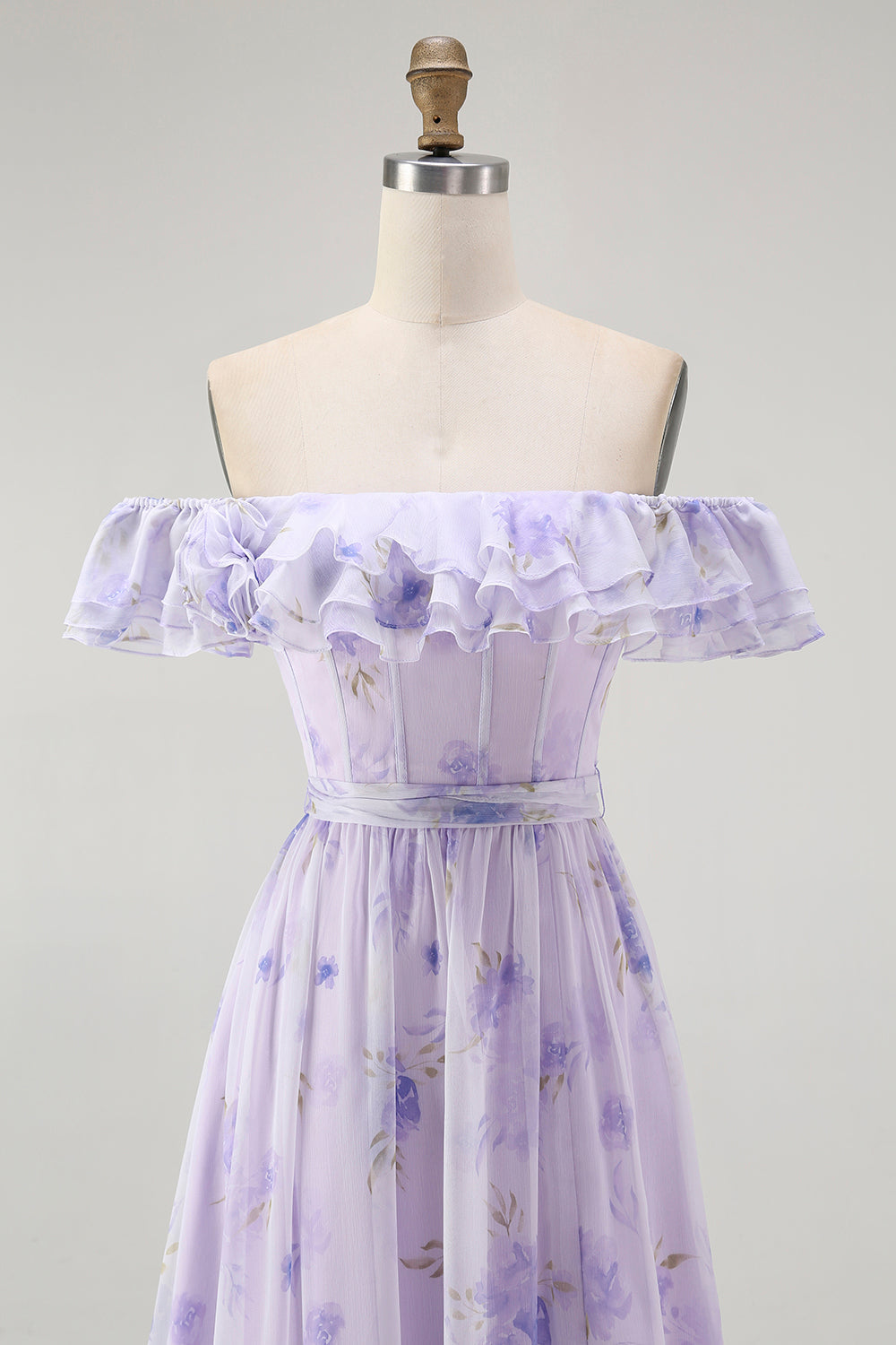 Lavendel Blumen Schulterfreies A-Linie Brautjungfernkleid mit Rüschen