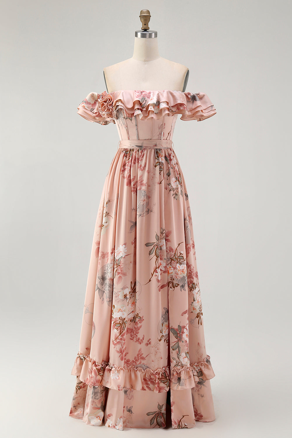 Blush Geblümtes Schulterfreies Brautjungfernkleid mit Rüschen