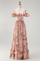 Blush Geblümtes Schulterfreies Brautjungfernkleid mit Rüschen