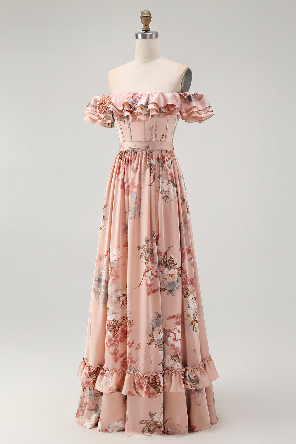 Blush Geblümtes Schulterfreies Brautjungfernkleid mit Rüschen