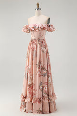 Blush Geblümtes Schulterfreies Brautjungfernkleid mit Rüschen