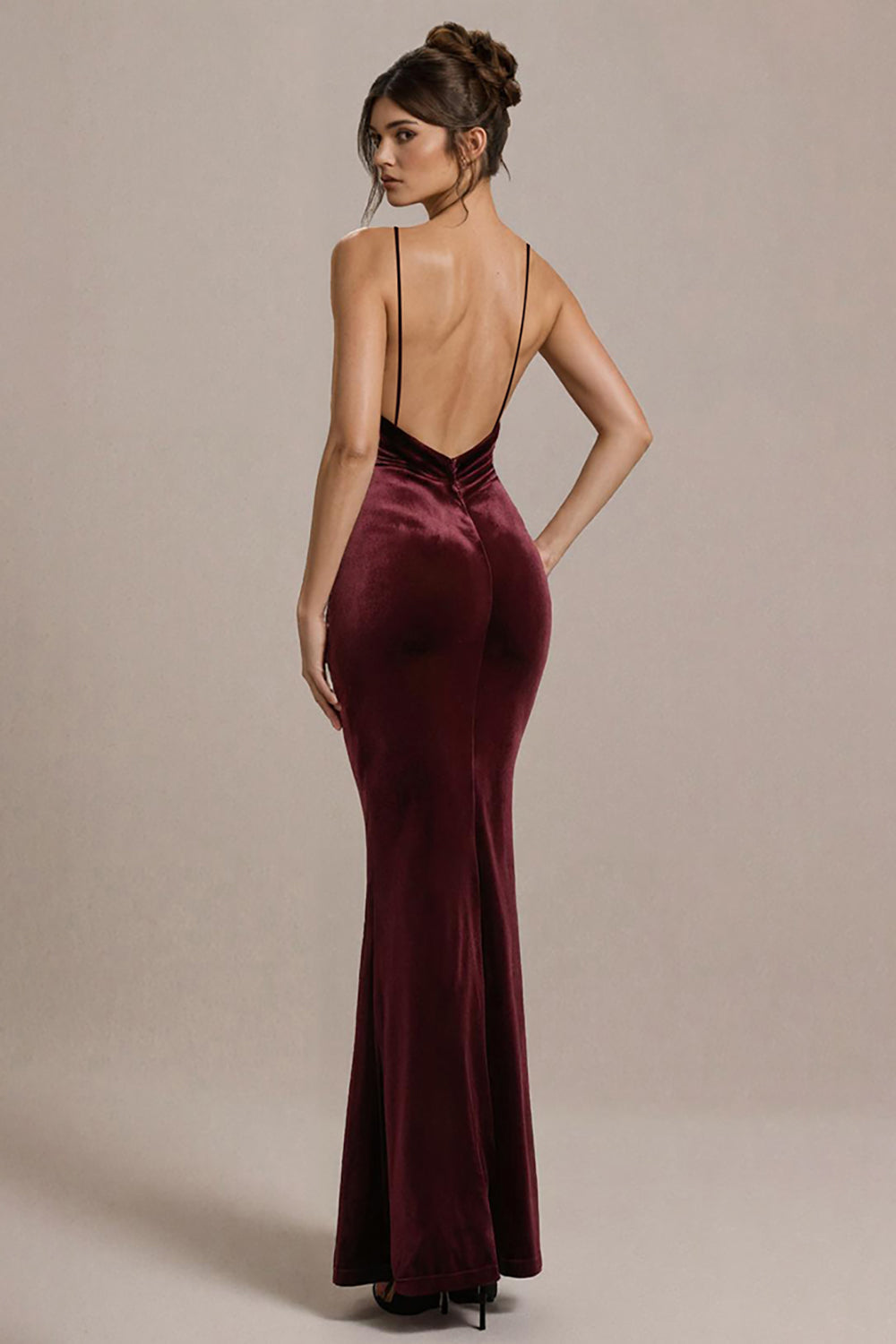 Burgunder Spaghettiträger Meerjungfrau Ballkleid aus Samt