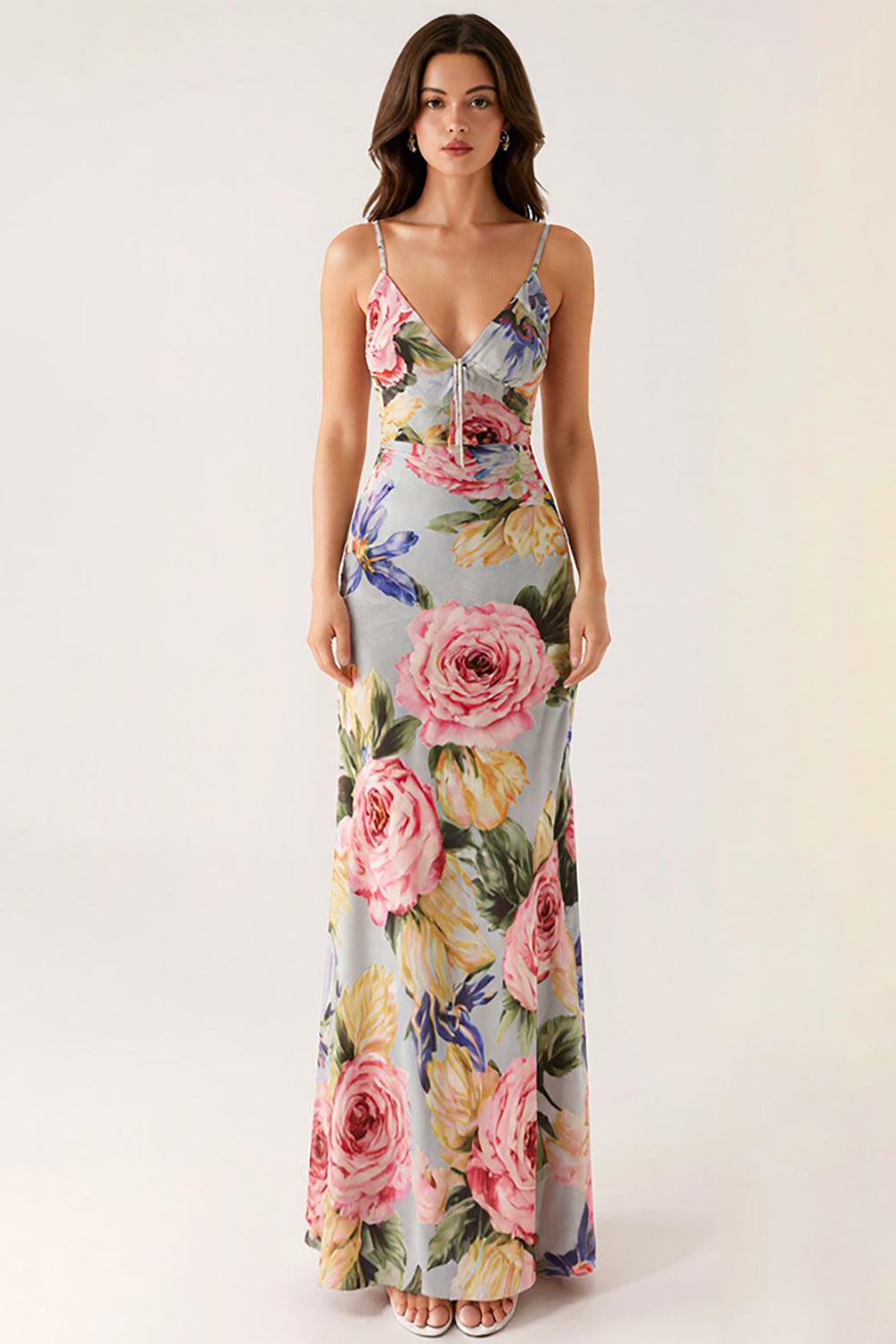 Grau Blau Blumen Spaghettiträger Meerjungfrau Abendkleid