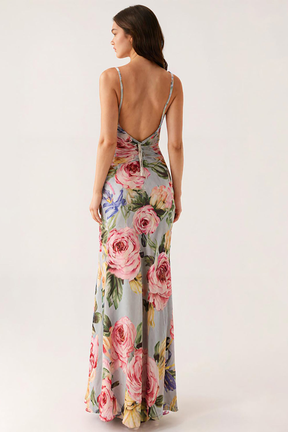 Grau Blau Blumen Spaghettiträger Meerjungfrau Abendkleid
