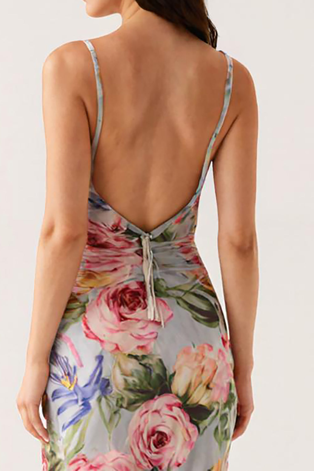 Grau Blau Blumen Spaghettiträger Meerjungfrau Abendkleid