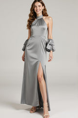 Neckholder Graues Satin Ballkleid mit Schlitz