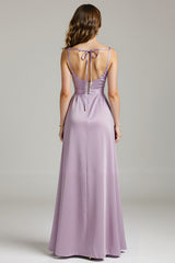Lila Spaghettiträger Plissee Abendkleid aus Satin
