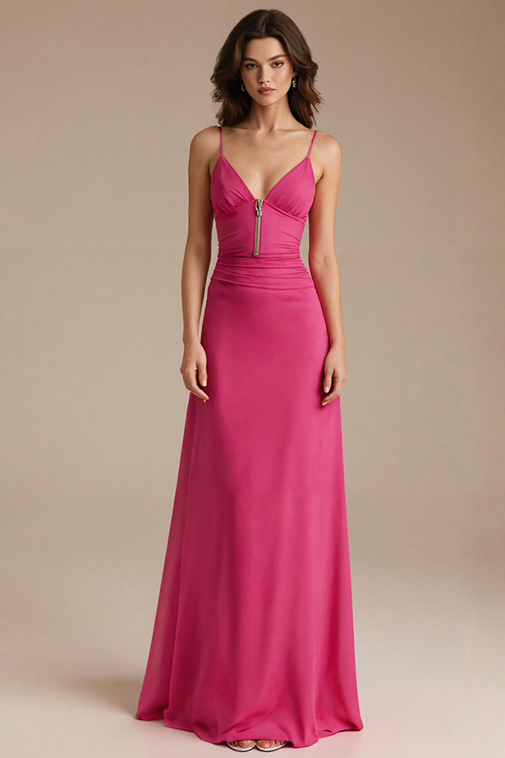 Fuchsia Spaghettiträger Etui Abendkleid