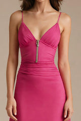 Fuchsia Spaghettiträger Etui Abendkleid