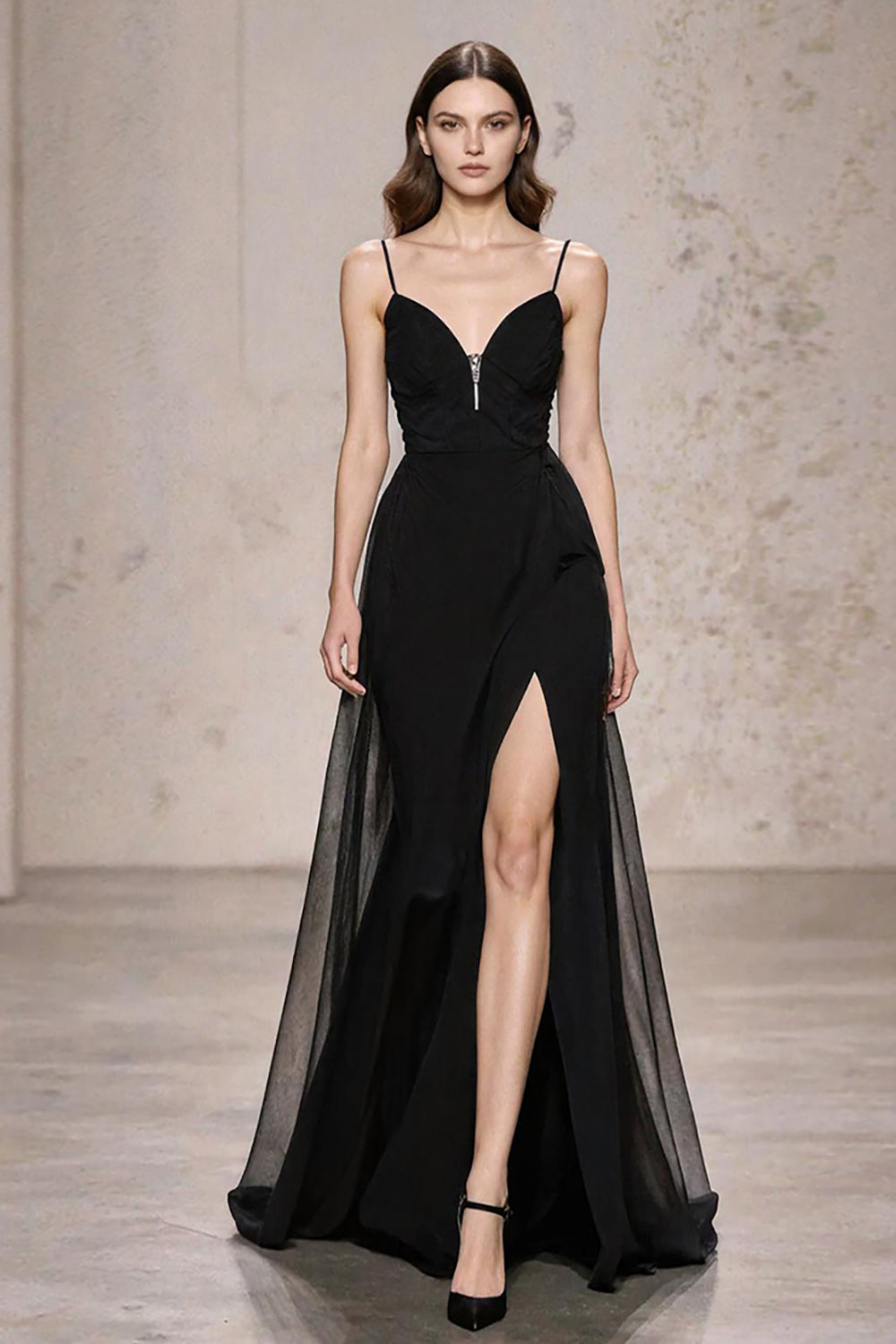 A Linie Spaghettiträger Schwarzes Krawatten Kleid mit Schlitz