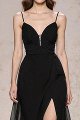 A Linie Spaghettiträger Schwarzes Krawatten Kleid mit Schlitz