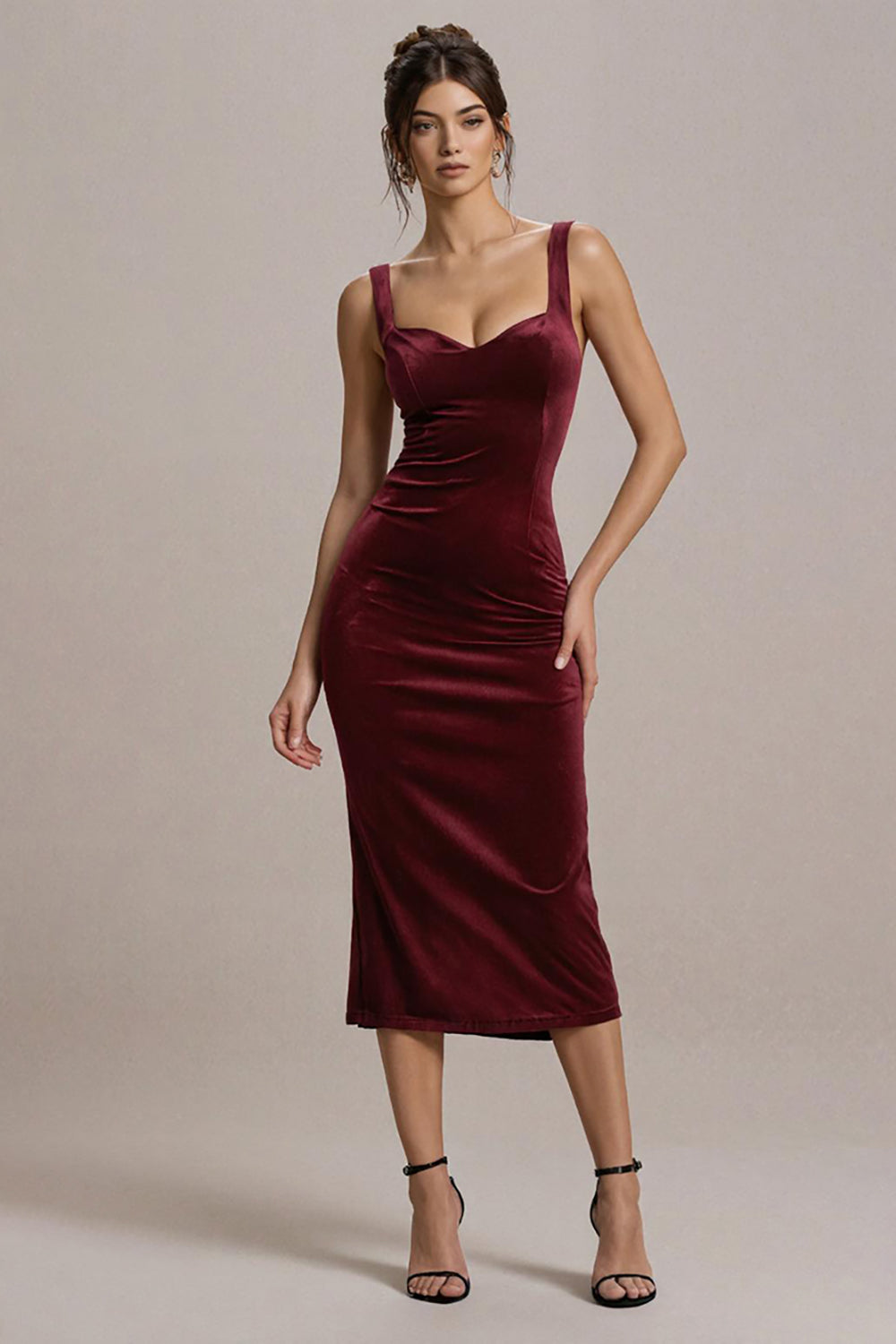 Burgunder Figurbetontes Midi Partykleid aus Samt