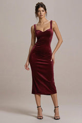 Burgunder Figurbetontes Midi Partykleid aus Samt